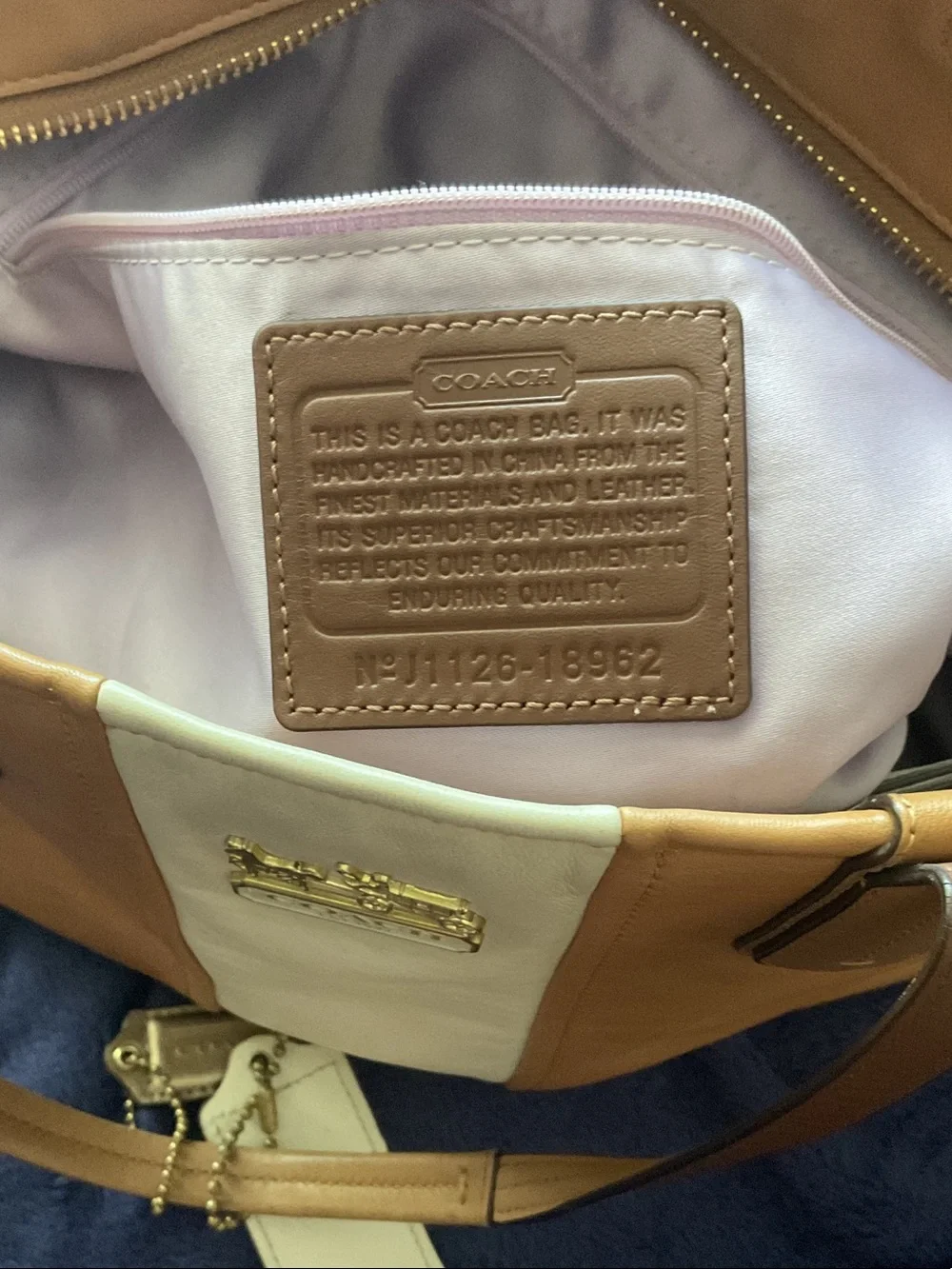 Coach Tan Leather Tote with Cream Center Stripe